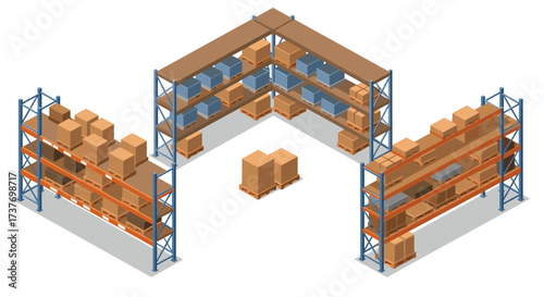 Isometric warehouse shelves with boxes and packages for efficient storage solutions