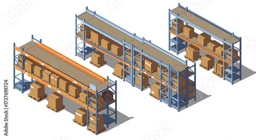 Isometric warehouse storage racks with cardboard boxes and pallets