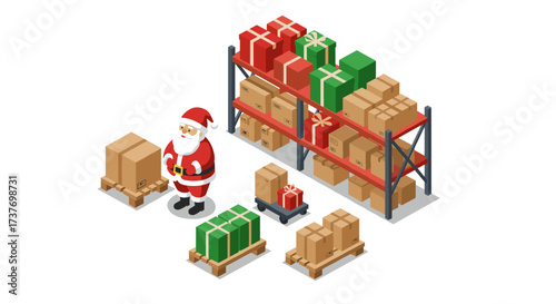 Santa organizing gifts in warehouse with isometric style during holiday season