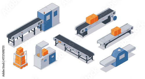 Isometric conveyor systems with boxes and machines in industrial setting