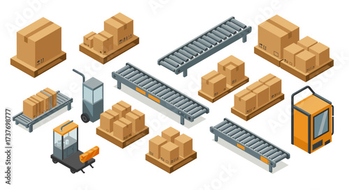 Isometric industrial logistics conveyor belts and pallet boxes for efficient warehouse management