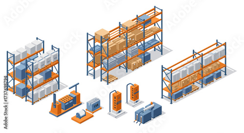 Industrial warehouse equipment and shelving units in isometric design