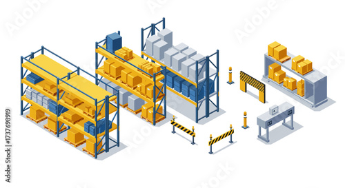 Modern isometric warehouse with shelving, boxes, and safety barriers