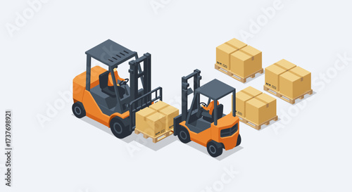 Isometric forklift warehouse operation with pallets of boxes