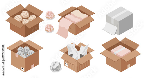 Isometric cardboard boxes with packaging materials in various states of use
