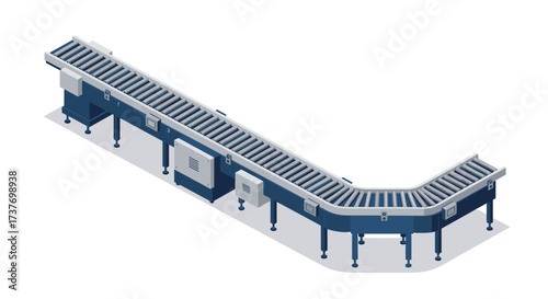 Isometric conveyor belt system on white background with industrial design elements