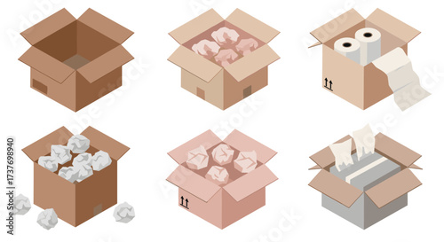Open boxes with various contents tissue rolls, crumpled paper, cardboard packaging