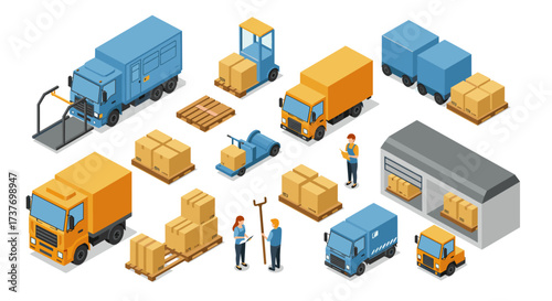 Isometric logistics and distribution center with trucks and packages