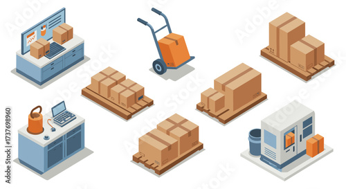 Isometric packaging and delivery set with boxes, laptops, and trolley