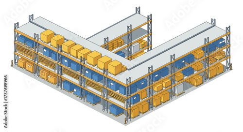 Isometric warehouse shelving with boxes and containers on industrial racks