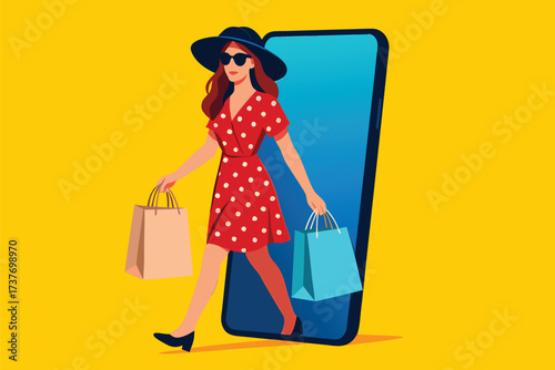 Stylish woman in red polka dot dress with shopping bags steps out of smartphone. Sunglasses and hat complete trendy look, symbolizing online shopping, digital fashion and modern retail.