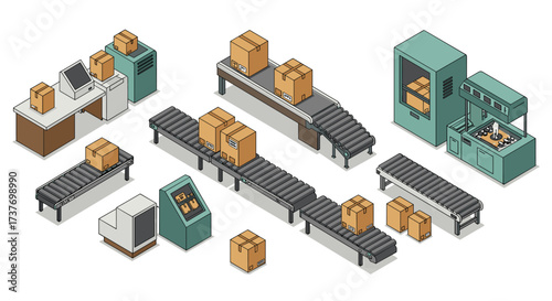 Isometric factory conveyor belt with cardboard boxes and machinery in warehouse