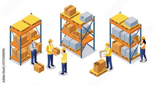 Warehouse logistics team organizing inventory with shelves and boxes in isometric design