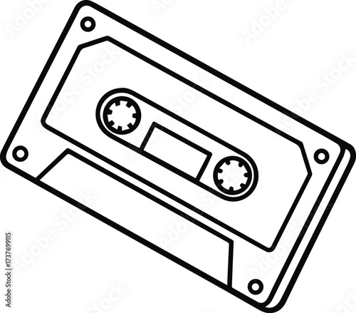 Simple hand drawn outline illustration of a vintage cassette tape on a white background