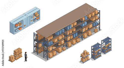 Isometric warehouse storage with shelves and cardboard boxes