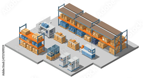 Isometric warehouse storage with shelves and boxes in logistics center
