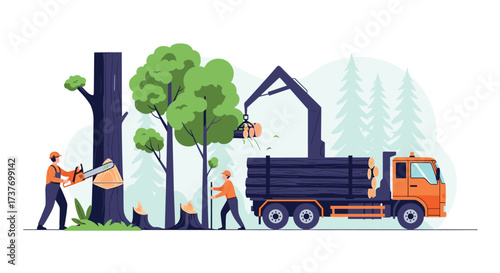 Logging crew felling trees with chainsaws and loading logs onto a truck for transport.