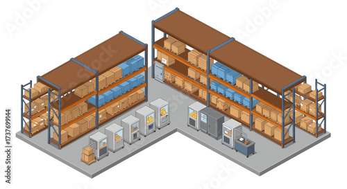 Isometric warehouse layout with shelves and boxes in a modern storage facility