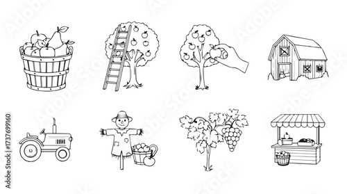 Charming hand-drawn farm icons collection featuring tractor barn scarecrow and fruit trees vector