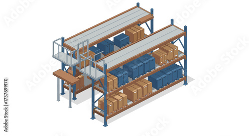 Isometric warehouse racking system with boxes and pallets