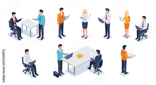 Diverse business people engaging in office work in modern isometric design