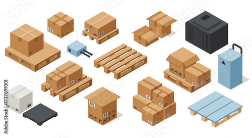 Isometric cardboard boxes and pallet collection for packaging and shipping