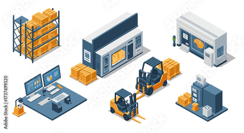 Isometric warehouse elements with forklifts and packaging stations for logistic design