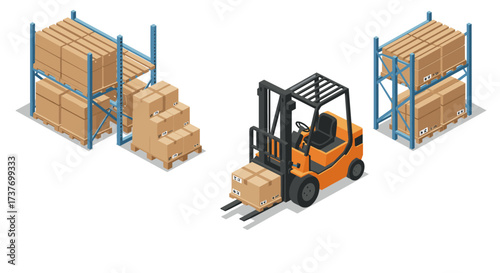 Isometric warehouse scene with forklift and stacked boxes on shelves