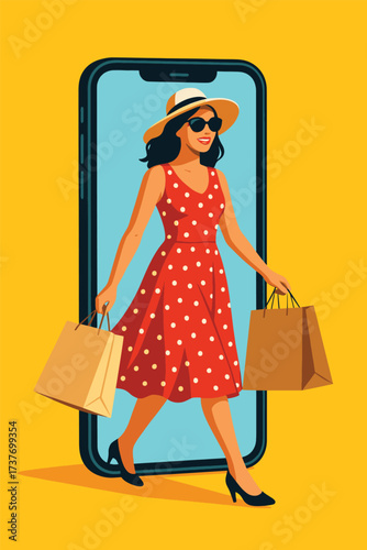 Trendy woman in polka‑dot dress with sunhat and sunglasses holding shopping bags emerging from smartphone, representing mobile shopping, online retail, digital fashion and modern lifestyle.