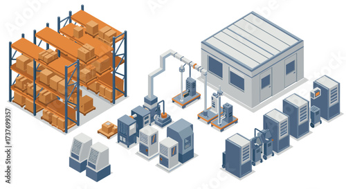 Isometric warehouse and factory equipment with storage racks and machinery
