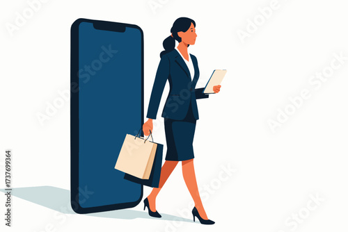 Professional woman in navy suit walking confidently with tablet and shopping bags near oversized smartphone, representing online shopping, digital marketing, mobile commerce, and business growth.
