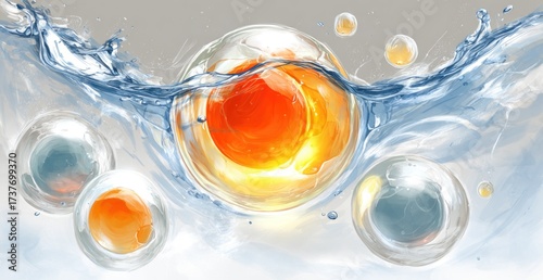 Artistic illustration of several translucent orbs with colorful, inner spheres, and water splashes
