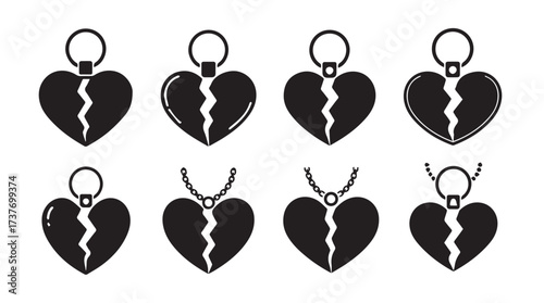 Collection of eight black broken heart pendants with rings for jewelry making vector