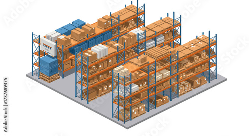 Isometric warehouse with cargo and pallet racks for logistics and storage solutions