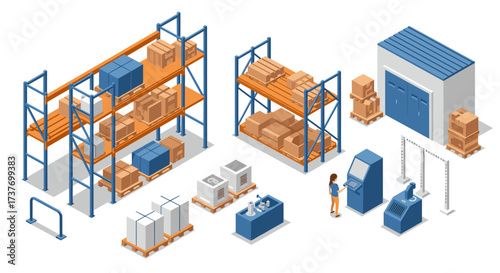 Isometric warehouse interior with shelves and equipment in industrial setting