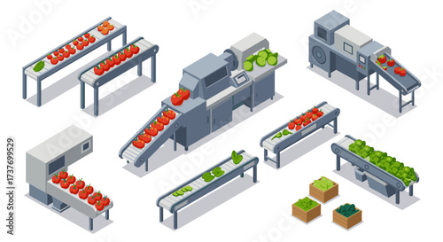 Isometric food processing factory with conveyor belts and fresh produce
