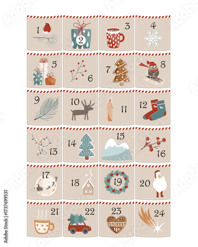 Happy Holidays pocket advent calendar with different Christmas symbols for your design. Scandinavian style. Vector illustration.