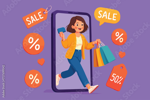 Cheerful woman emerging from smartphone screen with credit card and shopping bags, surrounded by sale labels and discount icons—symbolizing online shopping, fashion, and savings.