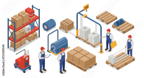 Isometric warehouse operations with workers and equipment in action