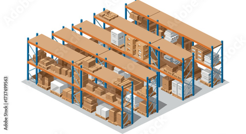 Isometric warehouse shelving with boxes and packages on industrial racks
