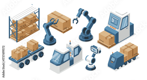 Isometric warehouse automation with robots and conveyor systems