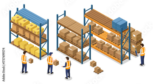 Warehouse workers organizing boxes on industrial shelves in isometric style