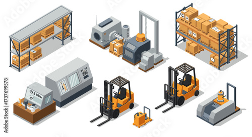 Isometric warehouse equipment and machinery set for logistics and industrial use