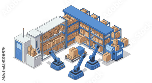 Isometric warehouse automation with robotic arms and shelving
