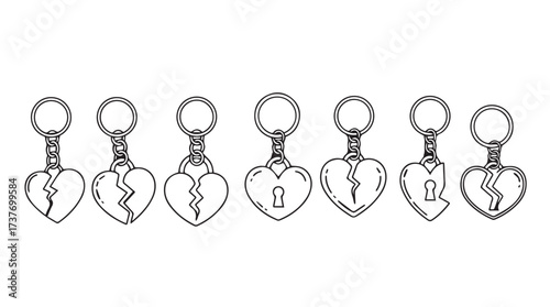 Row of broken heart and lock heart charms with rings symbolizing love loss and relationships vector