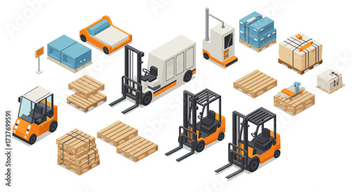 Isometric warehouse equipment and pallet collection for logistic and industrial design
