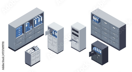 Isometric office cabinets and filing systems with open drawers and folders