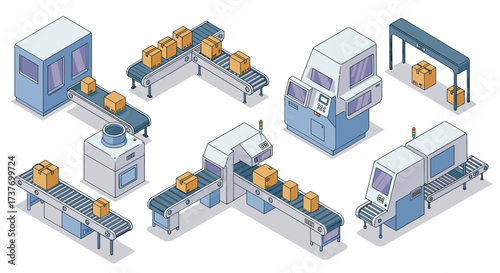 Isometric automated assembly line with conveyor belts and machinery