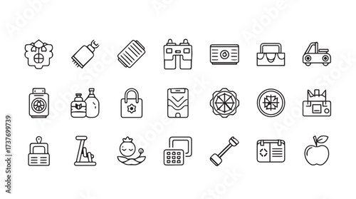 Hand drawn icons representing food products farming and grocery shopping commerce concepts vector
