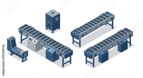 Isometric industrial conveyor system with machines for manufacturing and production